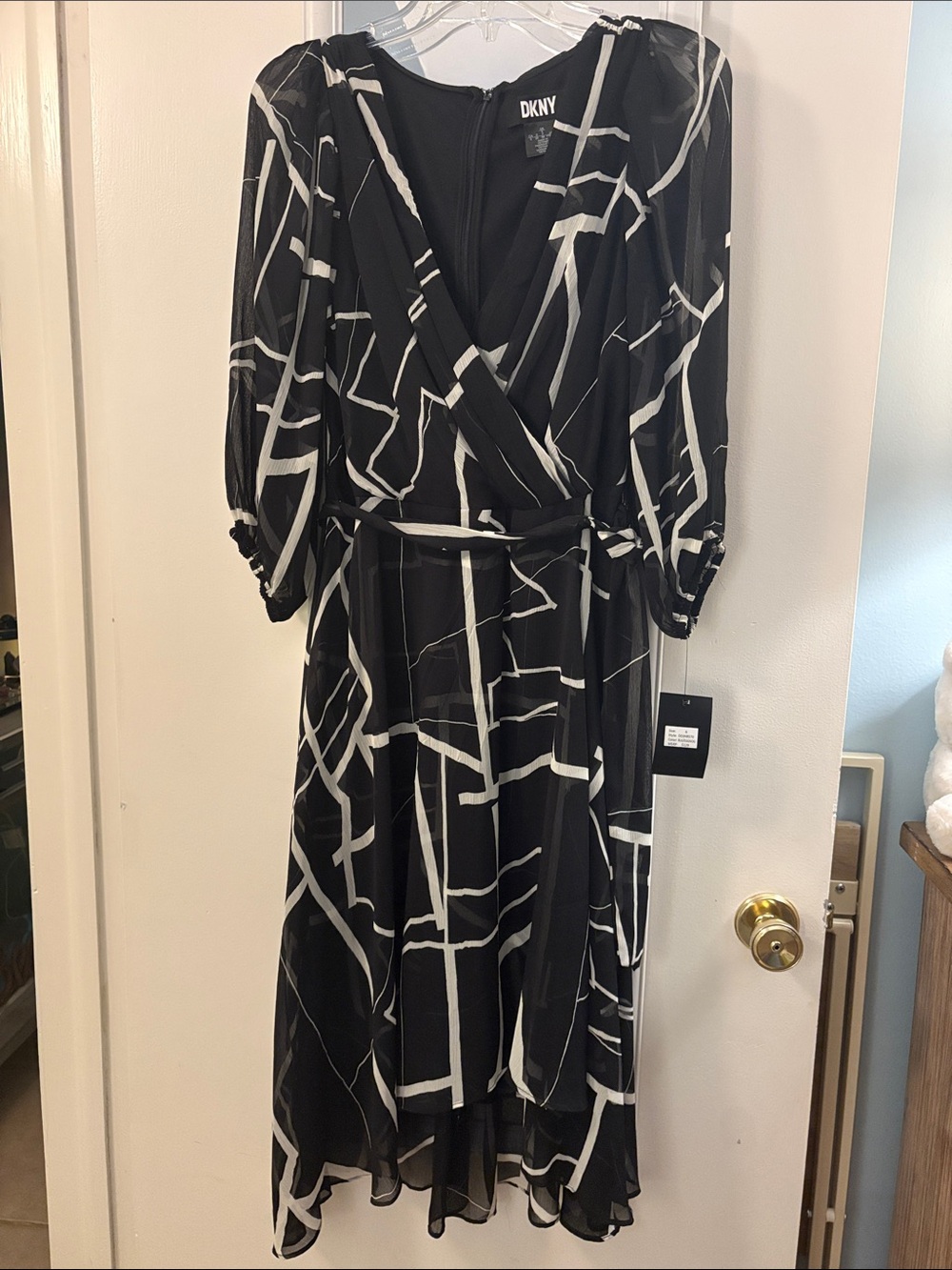 DKNY Black & White Printed Wrap Midi Dress